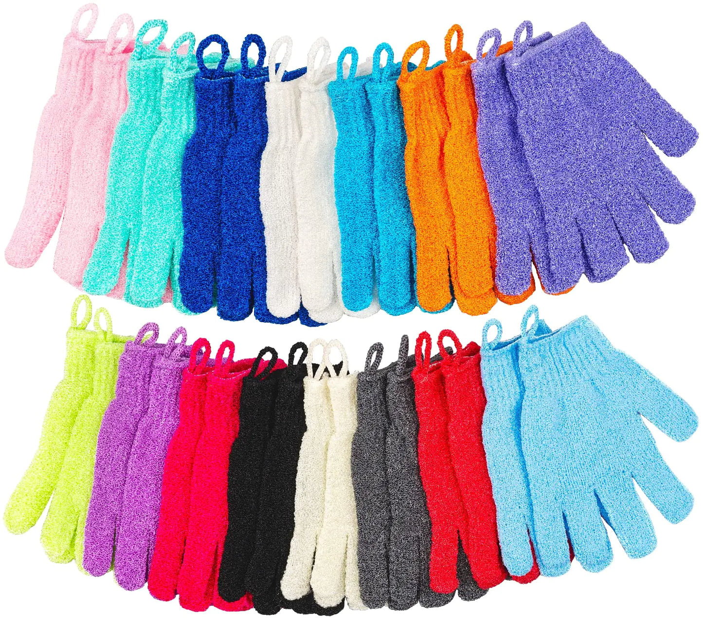 30 Pcs Exfoliating Gloves for Shower, 15 Colors Body Exfoliator Glove with Hanging Loop, Scrub Exfoliate Glove Mitt Bath Face Spa Hand Scrubber Wash Deep Scrubbing Dead Skin for Women Men, by Aisuly