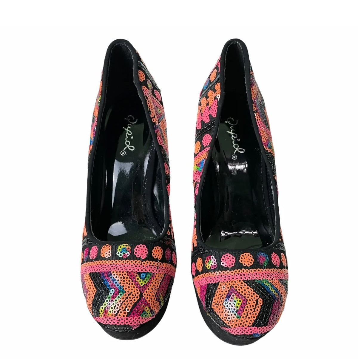Black Sequin Geometric Platform Stiletto Qupid Heels